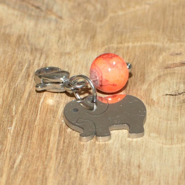 Elefanten Charm aus Edelstahl 304 mit Glasperle marmoriert orange und Karabiner aus Edelstahl 304, optional mit Gravur