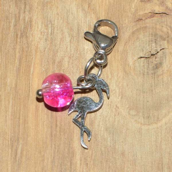 Charm-Anhänger Flamingo aus Edelstahl 304 mit Glasperle (GC005 - crackle - weiß & pink) ♡ Karabiner aus Edelstahl 304 ♡ wasserfest & allergikerfreundlich ♡ auch als Schlüsselanhänger mit Schlüsselring erhältlich