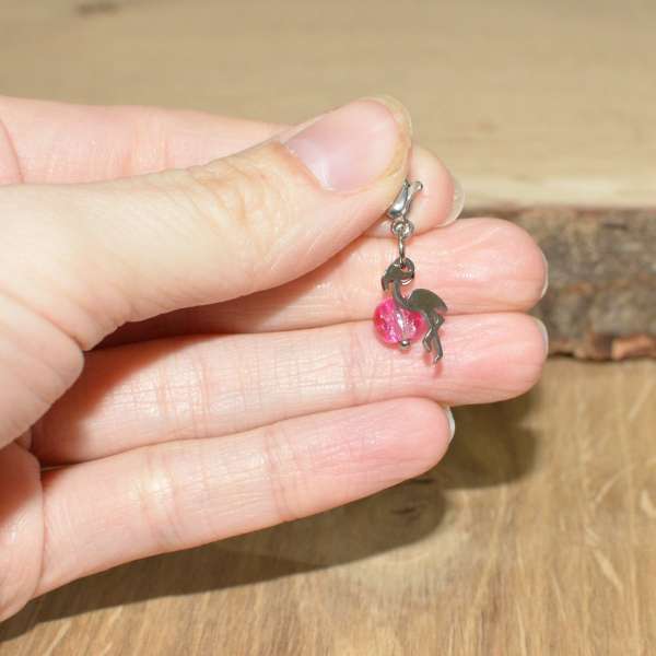 Charm-Anhänger Flamingo aus Edelstahl 304 mit Glasperle (GC005 - crackle - weiß & pink) ♡ Karabiner aus Edelstahl 304 ♡ wasserfest & allergikerfreundlich ♡ auch als Schlüsselanhänger mit Schlüsselring erhältlich