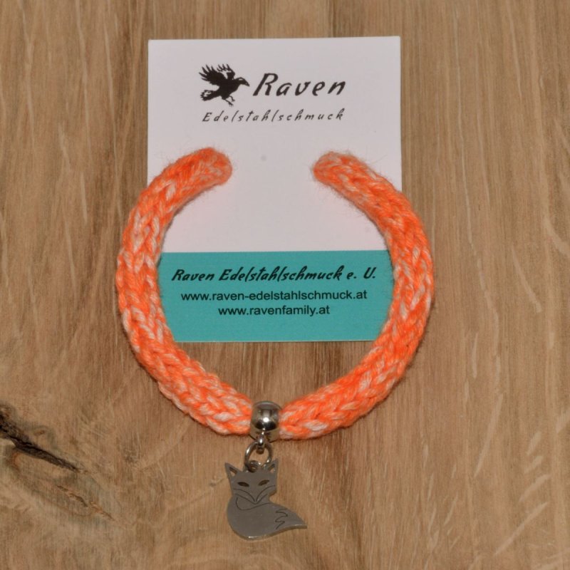 Strickarmband aus 100 % Baumwollgarn in weiß orange mit Charm "Fuchs" ohne Edelstahlperlen